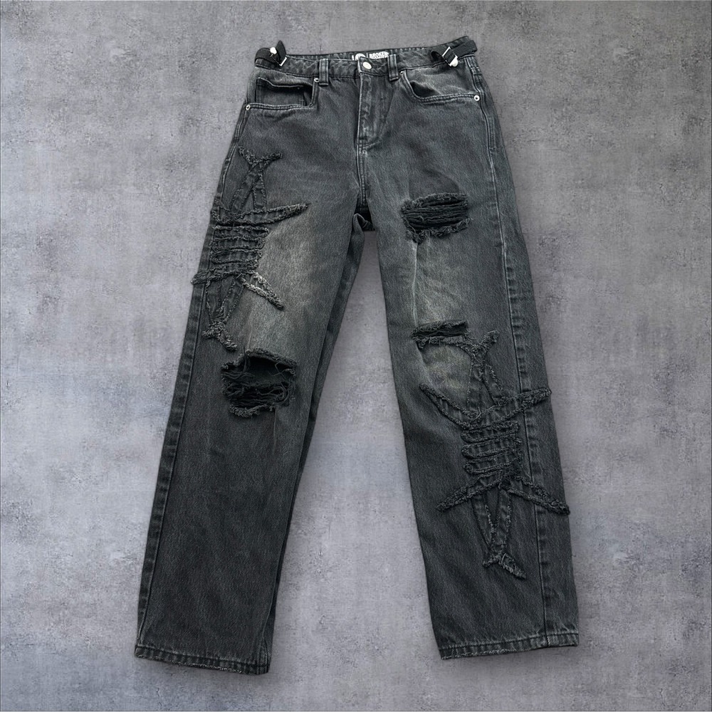 Broken Promises Distressed Jeans Mens 28 Black Barbed Wire Applique Streetwear